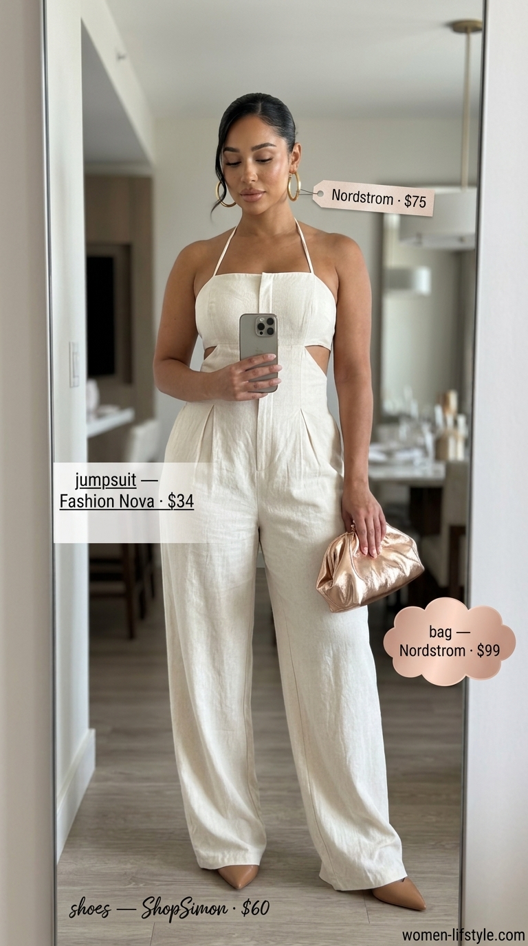 Sophisticated ivory linen jumpsuit with gold accessories & tan mules for a summer birthday dinner outfit for women 2026.
