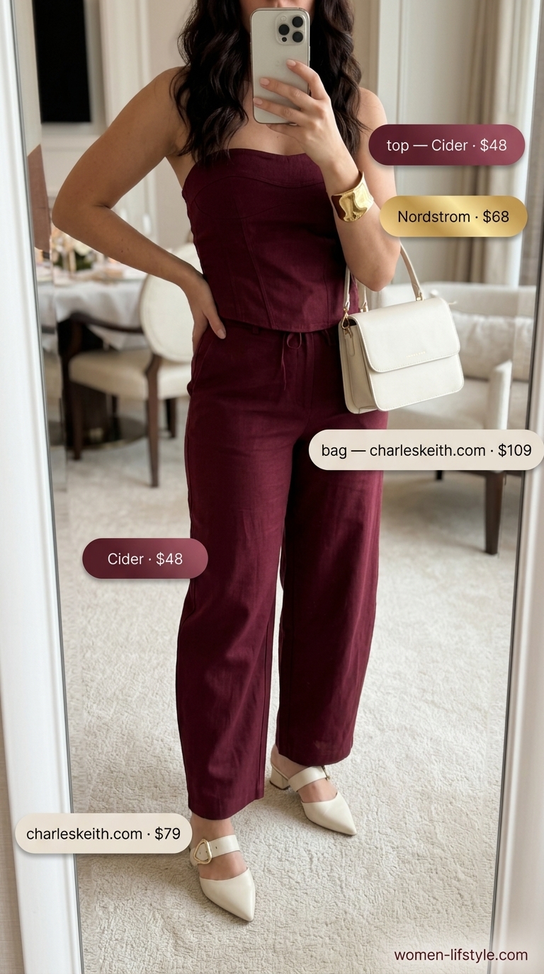 Polished beige linen set with cropped top, wide-leg pants, white mules & gold cuff for a summer birthday dinner outfit for women 2026.