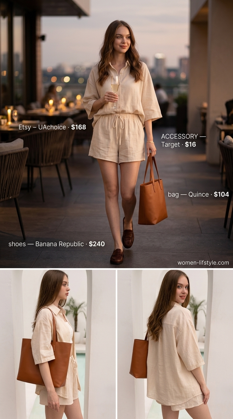 Relaxed beige linen shorts set with cream shirt, tan loafers & tote for a summer birthday dinner outfit for women 2026.