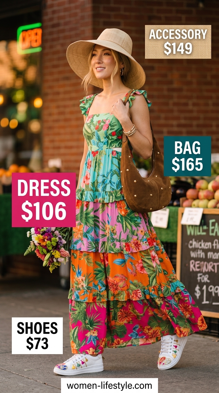 Boho vibrant maxi dress with multi-color print, tan bag, embellished sandals for a summer birthday dinner outfit for women 2026.