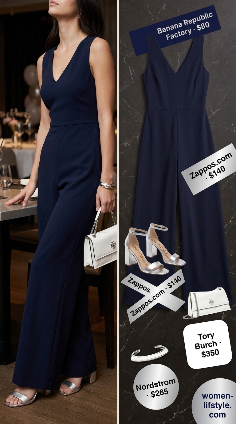 Sophisticated navy blue jumpsuit with silver sandals, white bag & cuff for a summer birthday dinner outfit for women 2026.