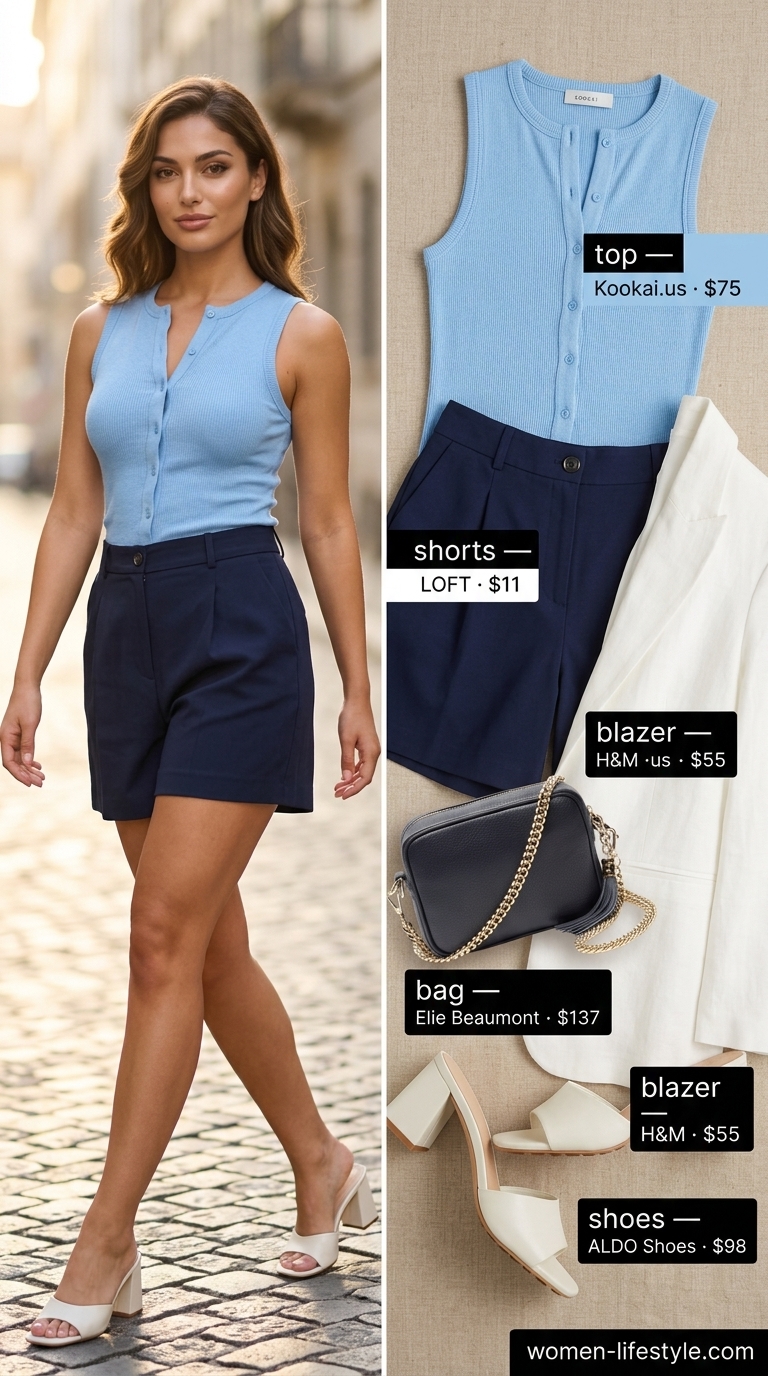 Sky blue cotton sleeveless top, navy shorts, white blazer for art gallery chic summer outfits 2026.