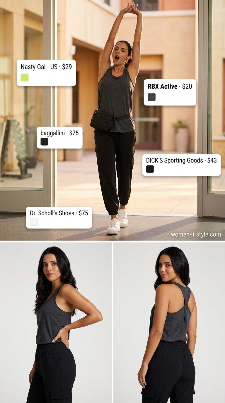 Charcoal grey cotton tank top with black joggers for athleisure summer outfits 2026.