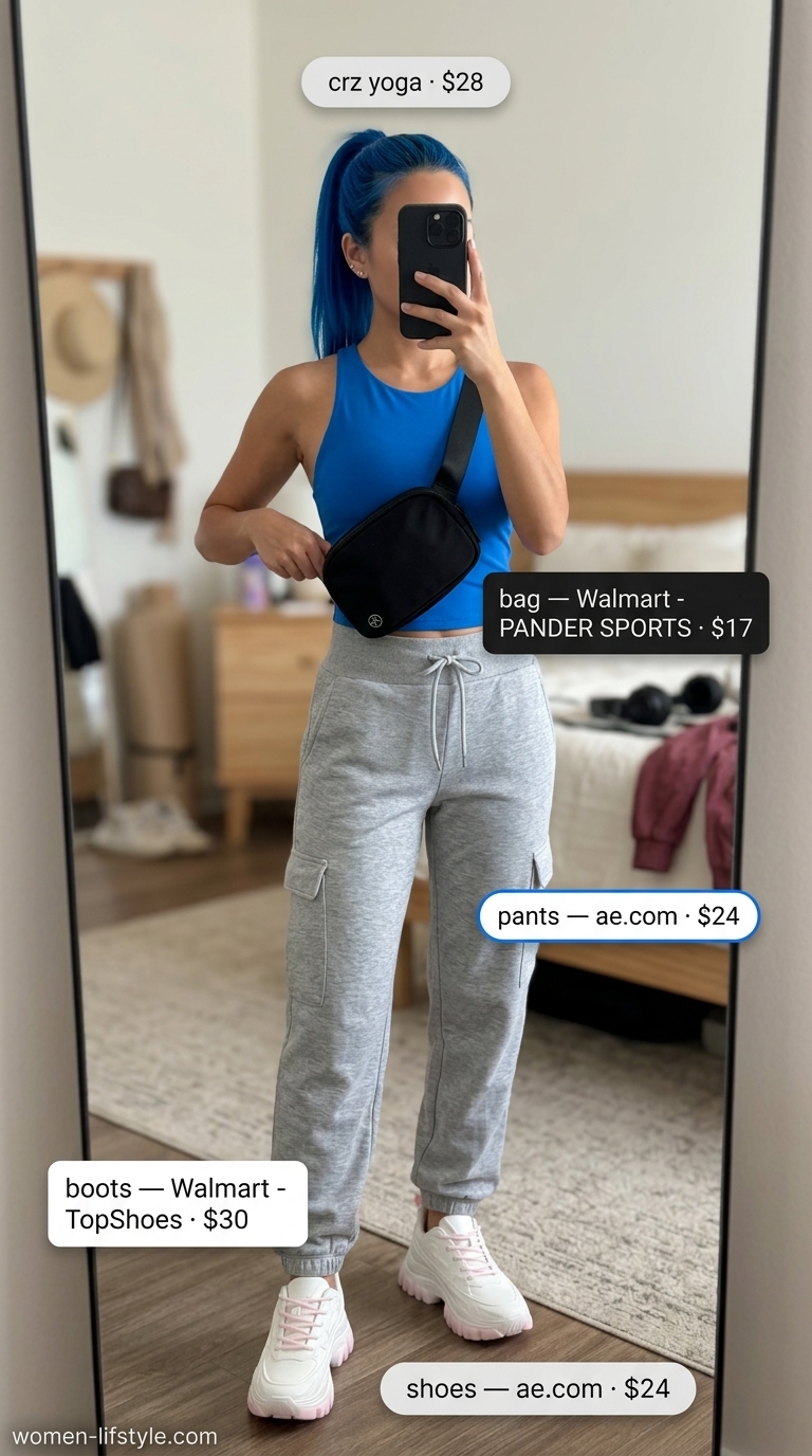 Electric blue sleeveless top for women 2026, styled with grey joggers for an athleisure look.