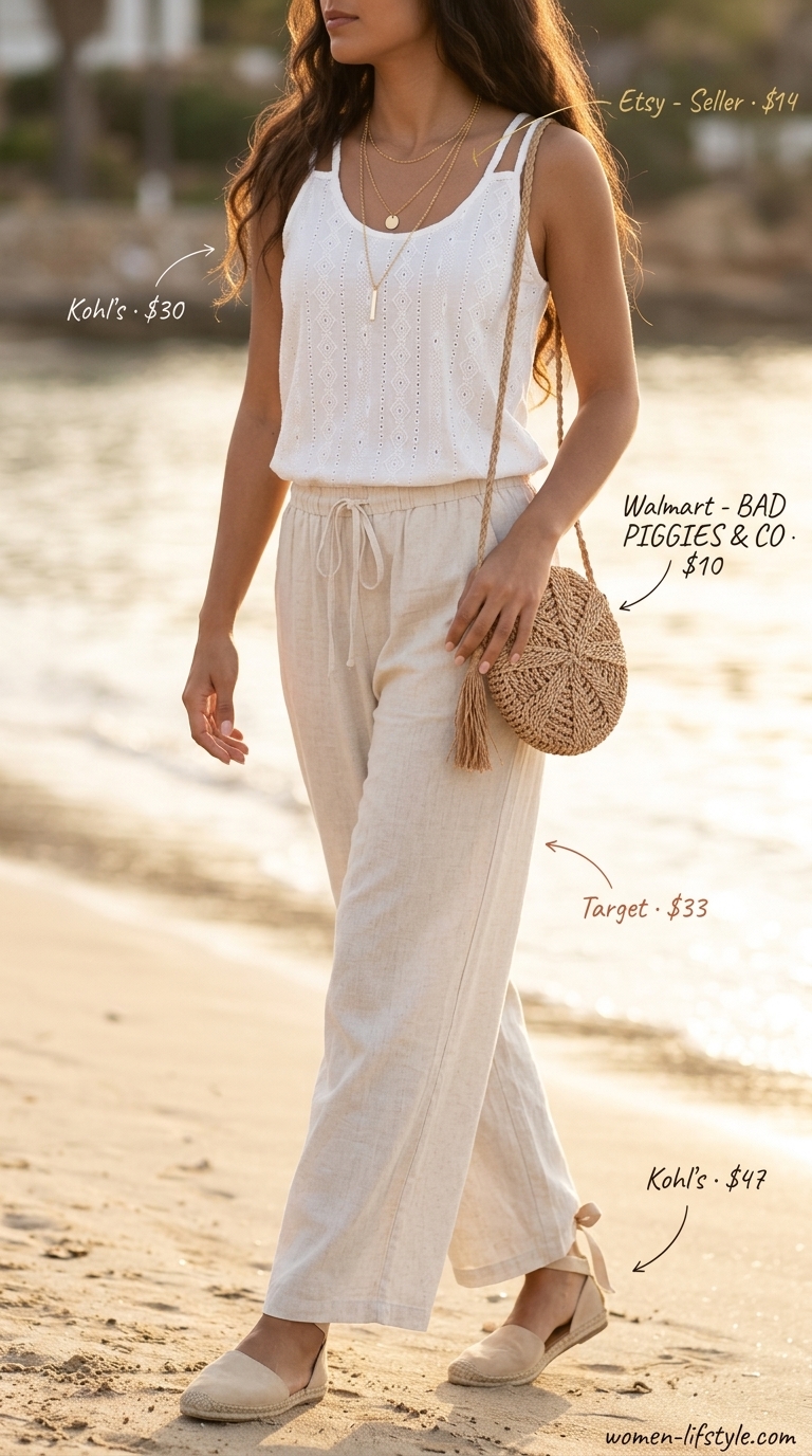 Boho beach club outfit: white eyelet cotton camisole, terracotta palazzo pants, straw bag. Summer cotton sleeveless tops for women 2026.