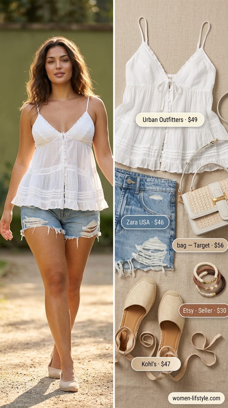 Boho beach outfit: cream embroidered cotton camisole, distressed denim shorts, straw bag. Summer cotton sleeveless tops for women 2026.