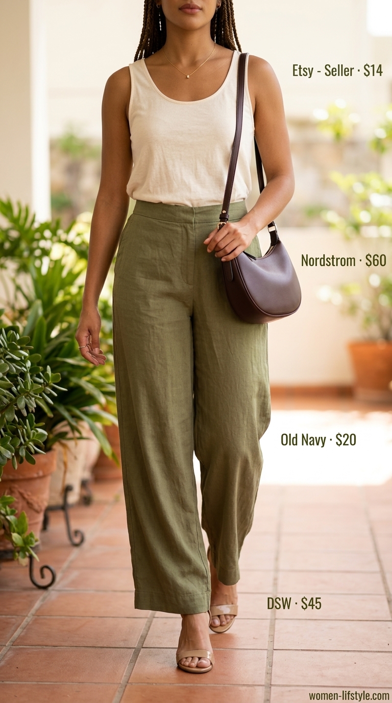 Cream sleeveless knit top for women 2026, styled with olive green trousers for a summer brunch.