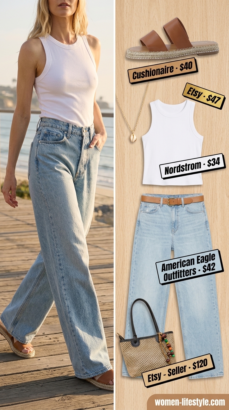 Brunch outfit: white ribbed tank, wide-leg jeans, straw bag. Summer cotton sleeveless tops for women 2026.