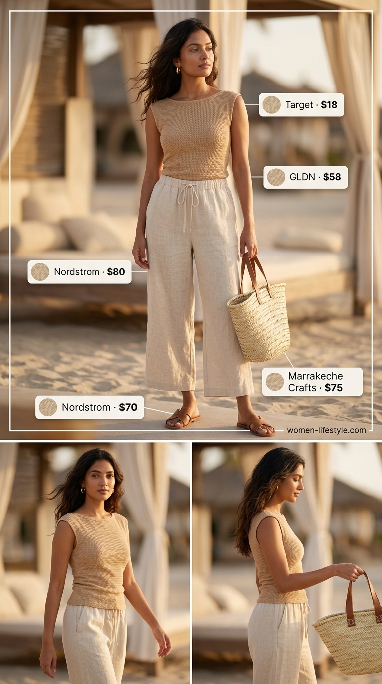 Sand beige cotton knit sleeveless top with linen pants for coastal resort summer outfits 2026.