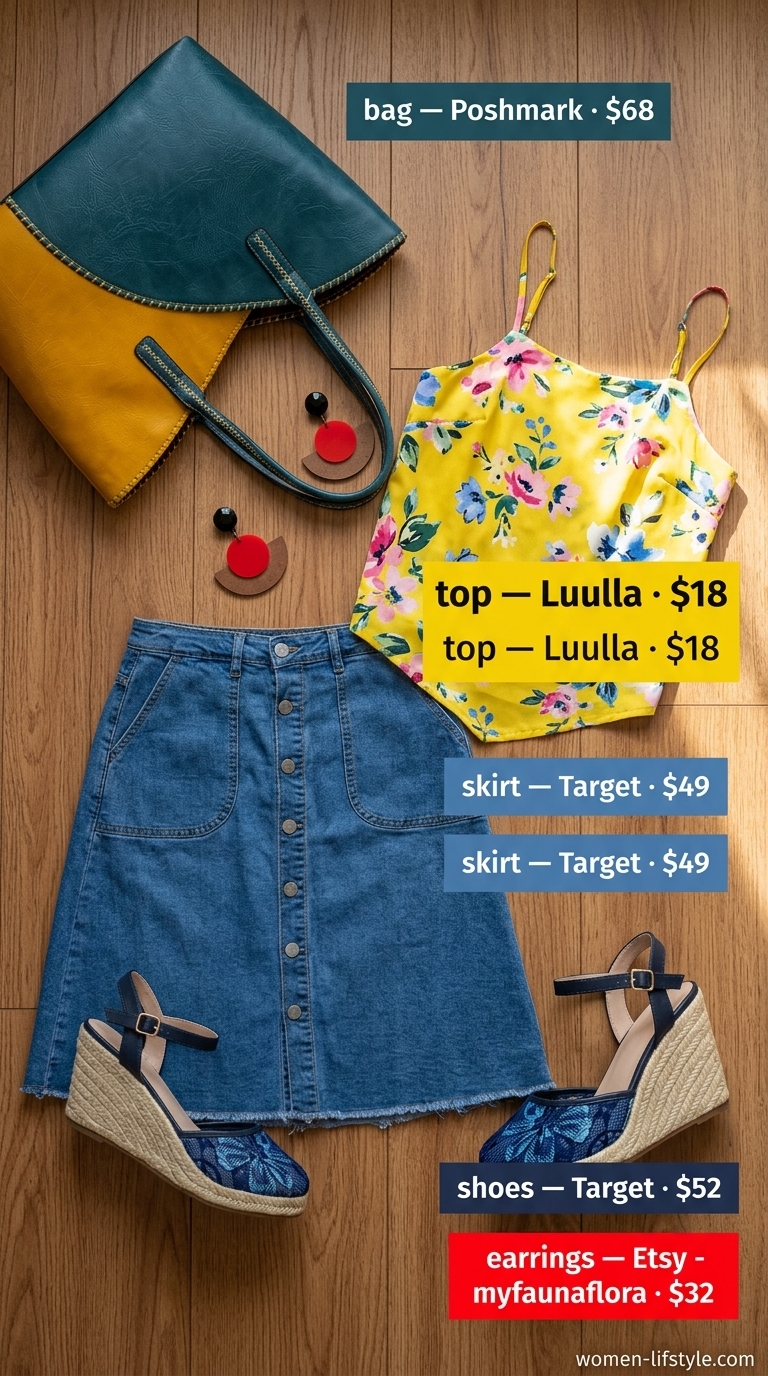 Abstract print cotton sleeveless top with denim midi skirt for creative city outfits 2026.