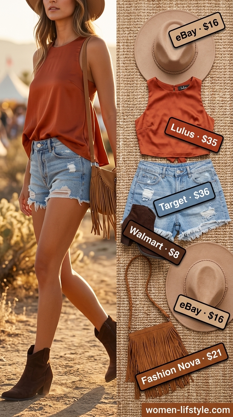 Festival outfit: rust orange tie-front tank, distressed denim shorts, suede boots. Summer cotton sleeveless tops for women 2026.