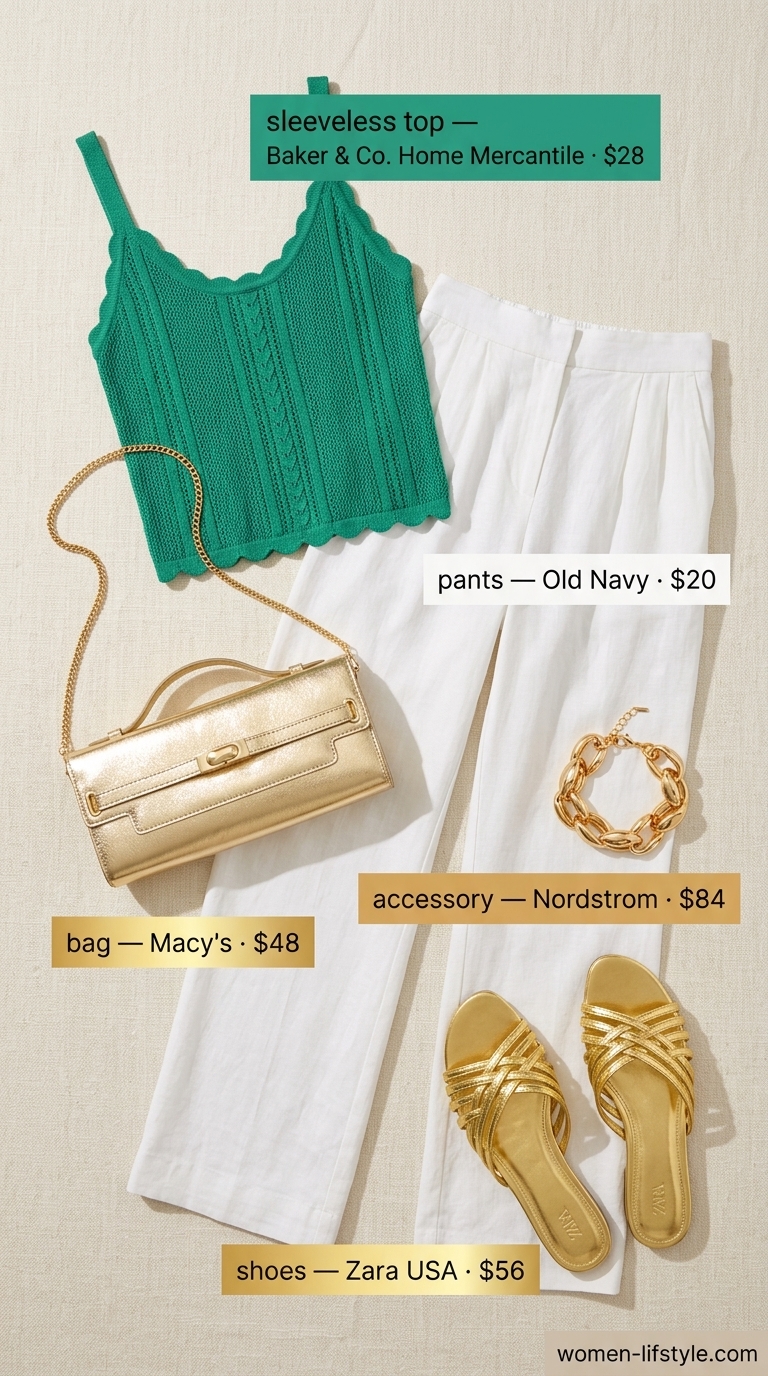 Emerald green crochet sleeveless top with linen pants for glamorous summer vacation outfits 2026.