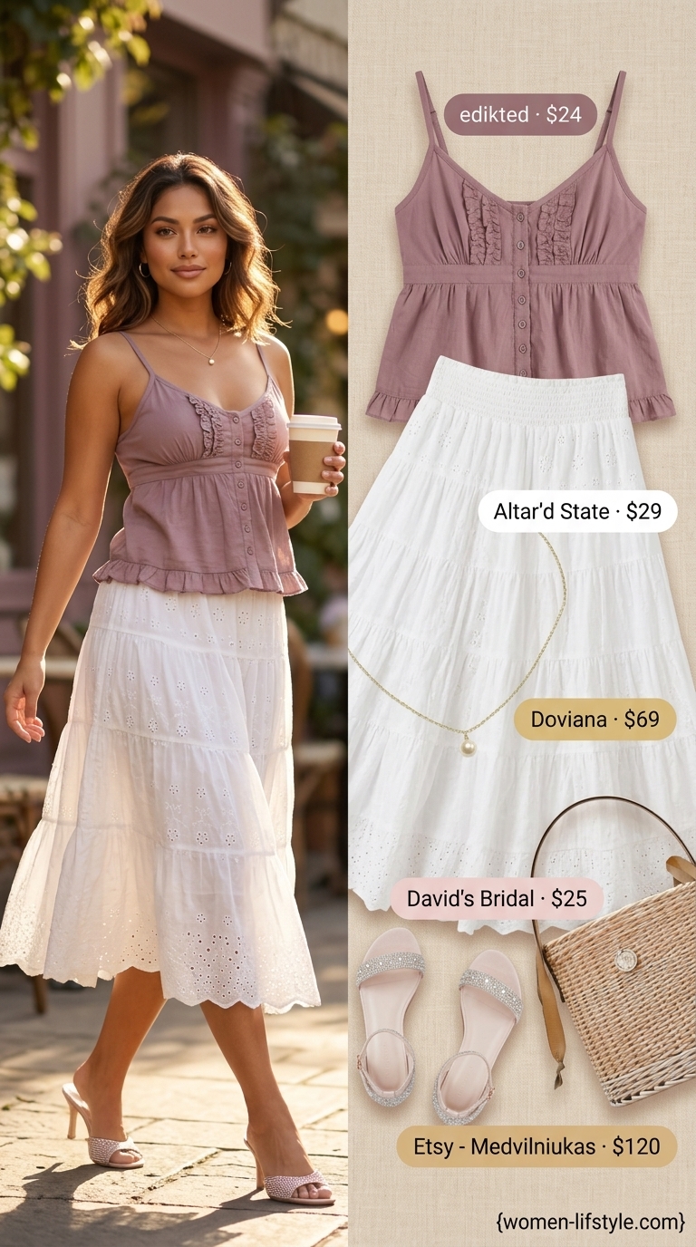 Pale pink eyelet cotton sleeveless top with midi skirt for romantic garden brunch outfits 2026.