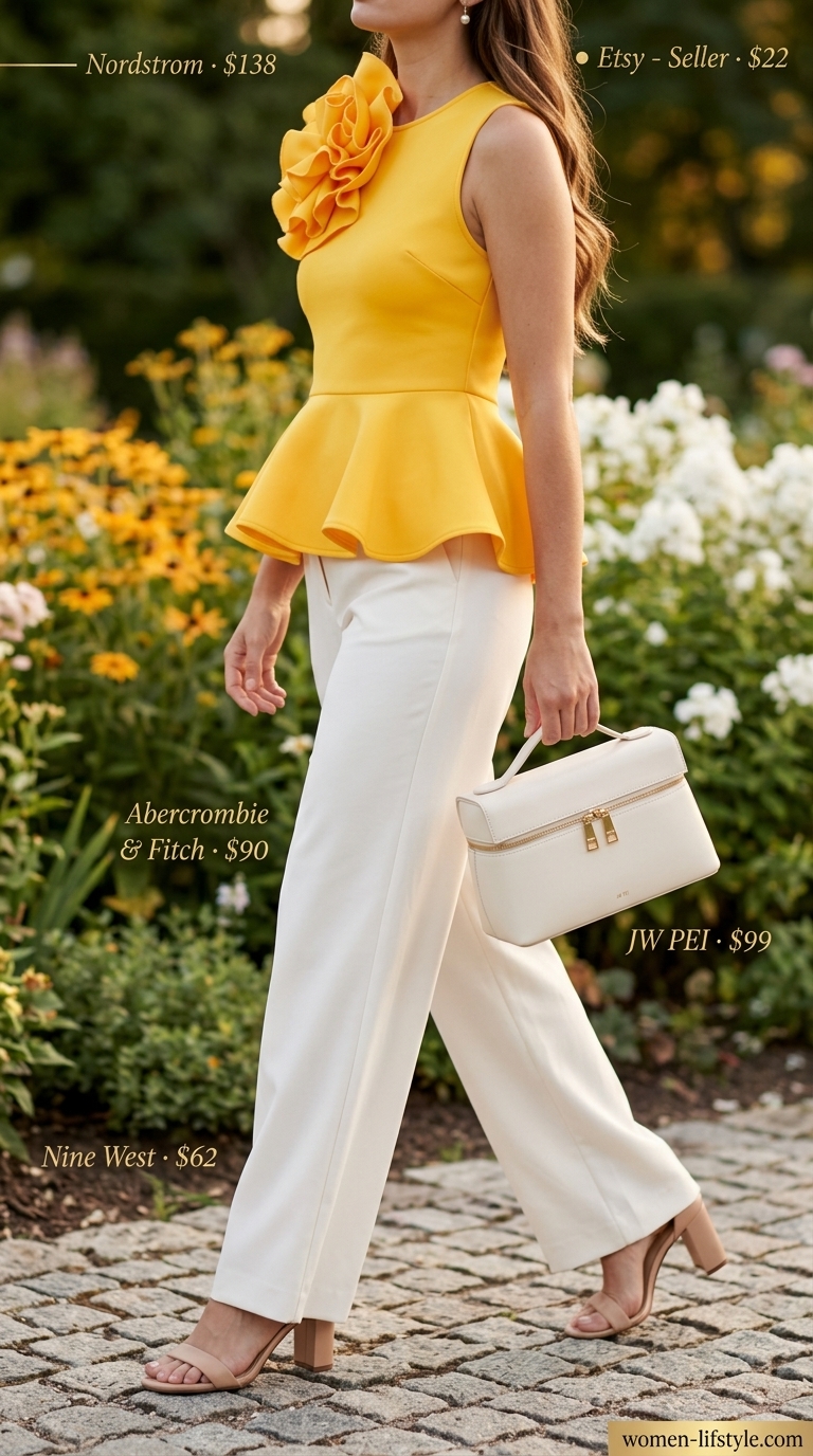 Yellow floral sleeveless top for women 2026, paired with white wide-leg trousers for a garden party outfit.