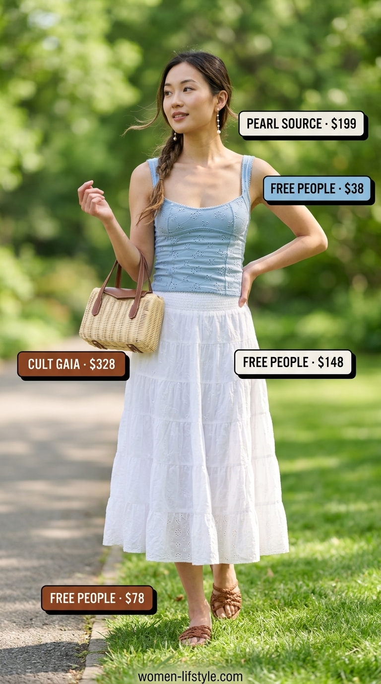 Garden picnic outfit: sky blue eyelet camisole, white tiered midi skirt, wicker bag. Summer cotton sleeveless tops for women 2026.