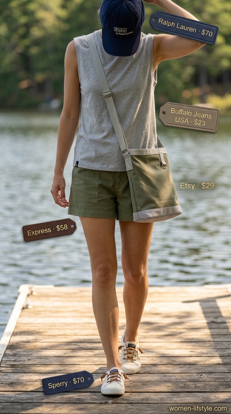 Heather grey sleeveless t-shirt for women 2026, paired with khaki utility shorts for a lakeside outfit.