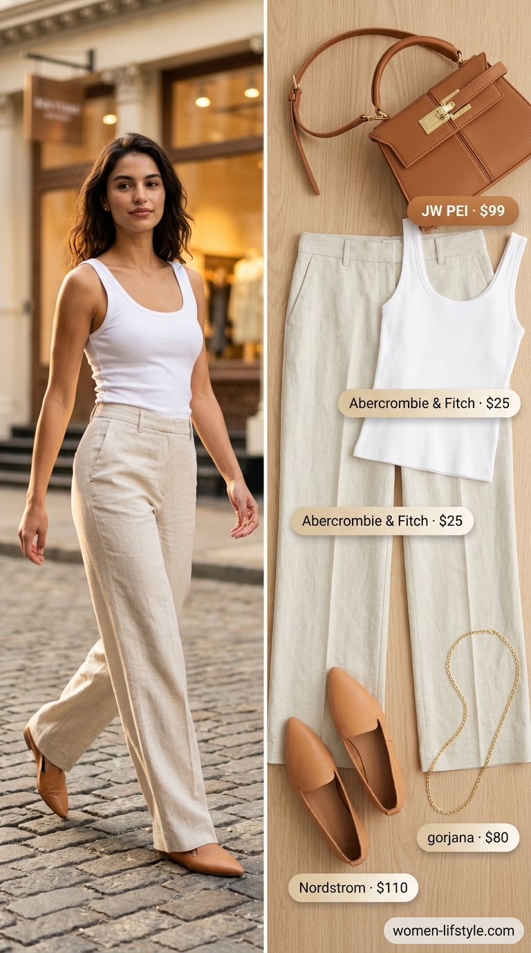 White ribbed sleeveless top with beige linen trousers for minimalist summer outfits 2026.