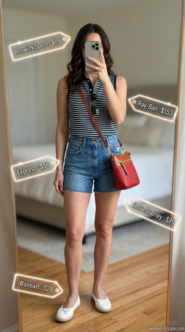 Nautical outfit: navy striped polo tank, white denim shorts, red crossbody bag. Summer cotton sleeveless tops for women 2026.
