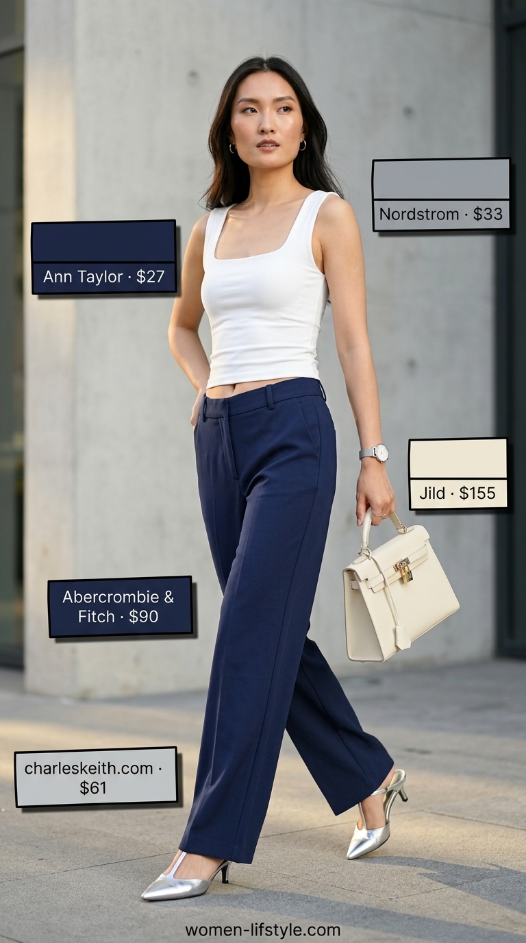 Navy blue sleeveless knit top for women 2026, paired with white wide-leg trousers for a modern office outfit.