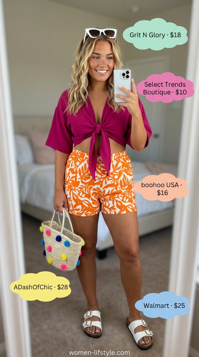 Pool party outfit: fuchsia tie-front tank, tropical shorts, straw tote. Summer cotton sleeveless tops for women 2026.