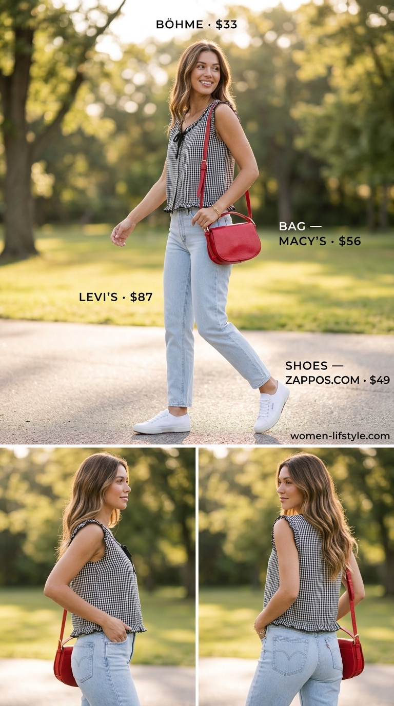 Black and white gingham sleeveless top with mom jeans for retro summer outfits 2026.