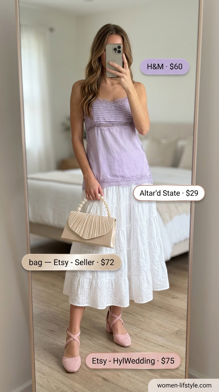 Soft lavender silk-blend camisole with tiered midi skirt for romantic summer date outfits 2026.