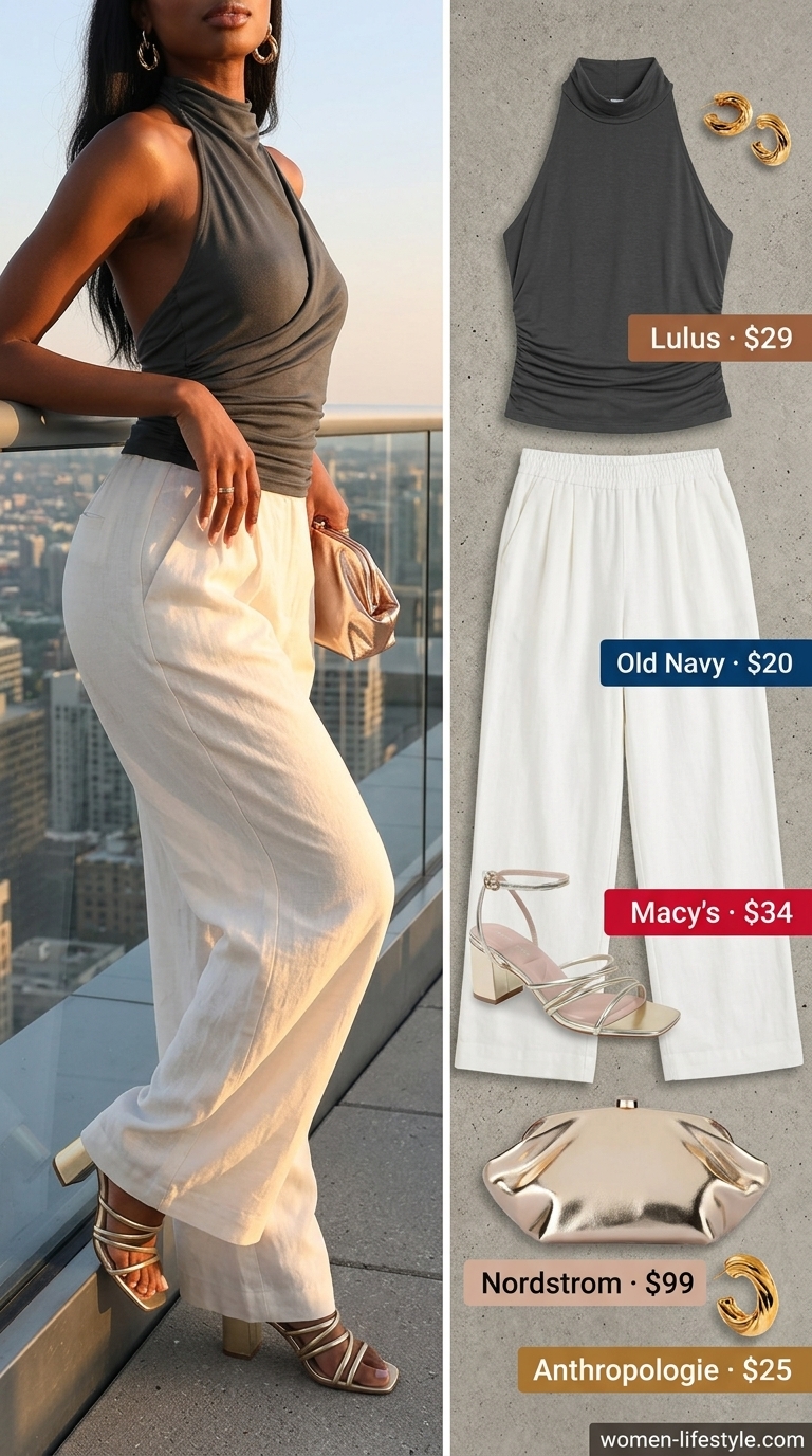 Date night outfit: emerald green halter top, cream wide-leg trousers, gold clutch. Summer cotton sleeveless tops for women 2026.