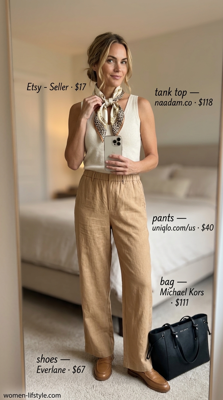 Travel outfit: cream knit tank, camel wide-leg trousers, silk scarf. Summer cotton sleeveless tops for women 2026.