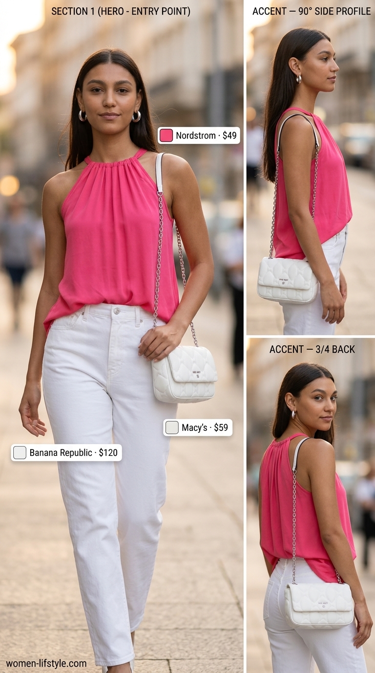 Hot pink cotton sleeveless top with white jeans for vibrant summer night out outfits 2026.