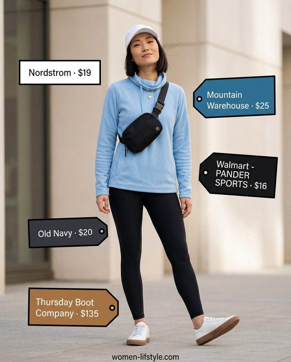 Sporty navy cowl neck sweatshirt with black leggings for athleisure style 2026.