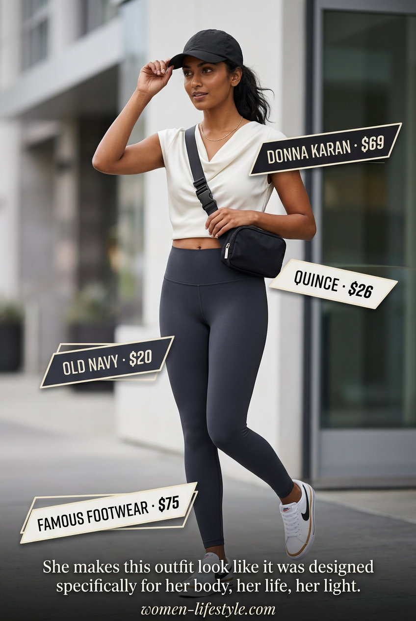 Comfortable summer cowl neck outfits for women 2026: Charcoal grey sleeveless cowl tank with black leggings.