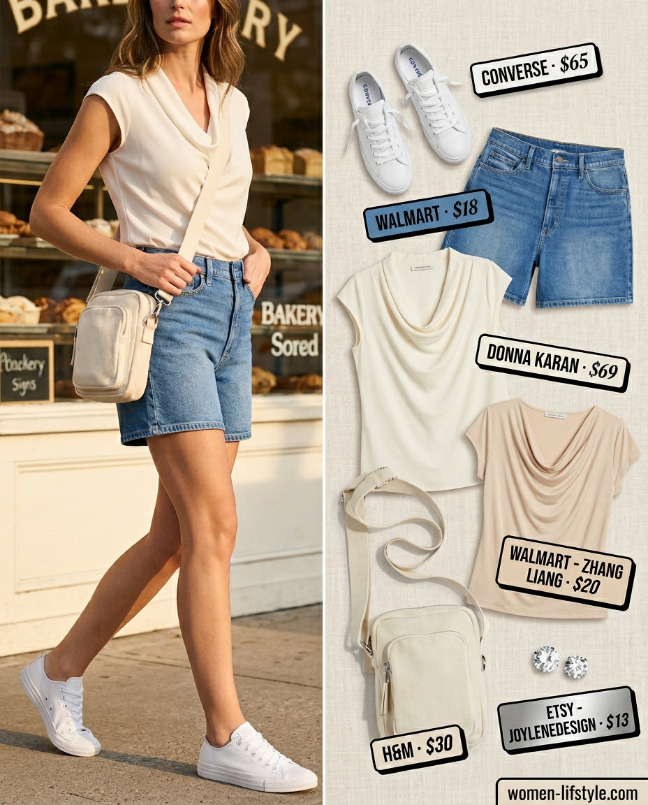 Casual summer cowl neck outfits for women 2026: Beige cowl neck t-shirt with denim shorts and white sneakers.