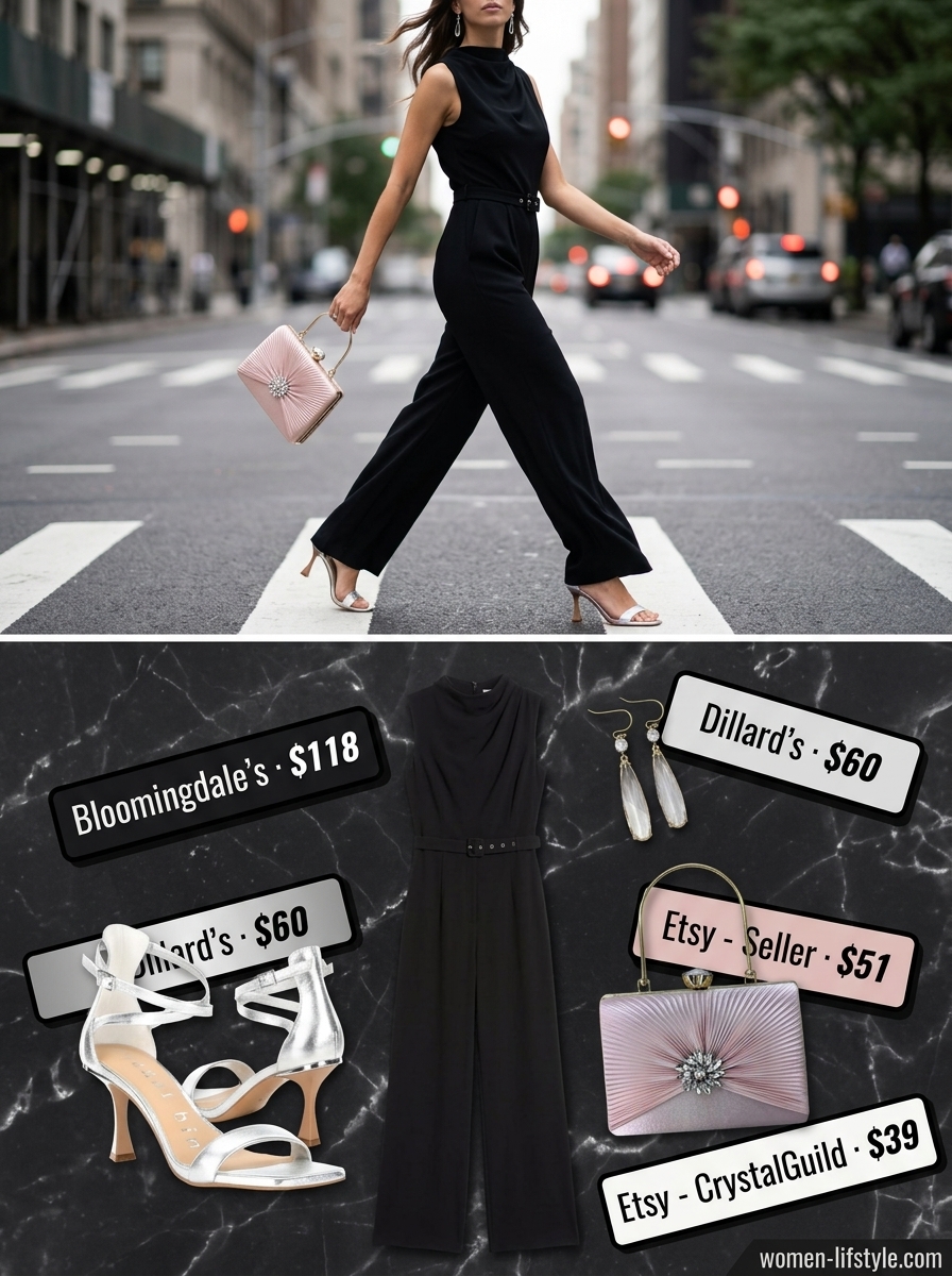 Chic summer cowl neck outfits for women 2026: black jumpsuit, silver heels for cocktail parties.