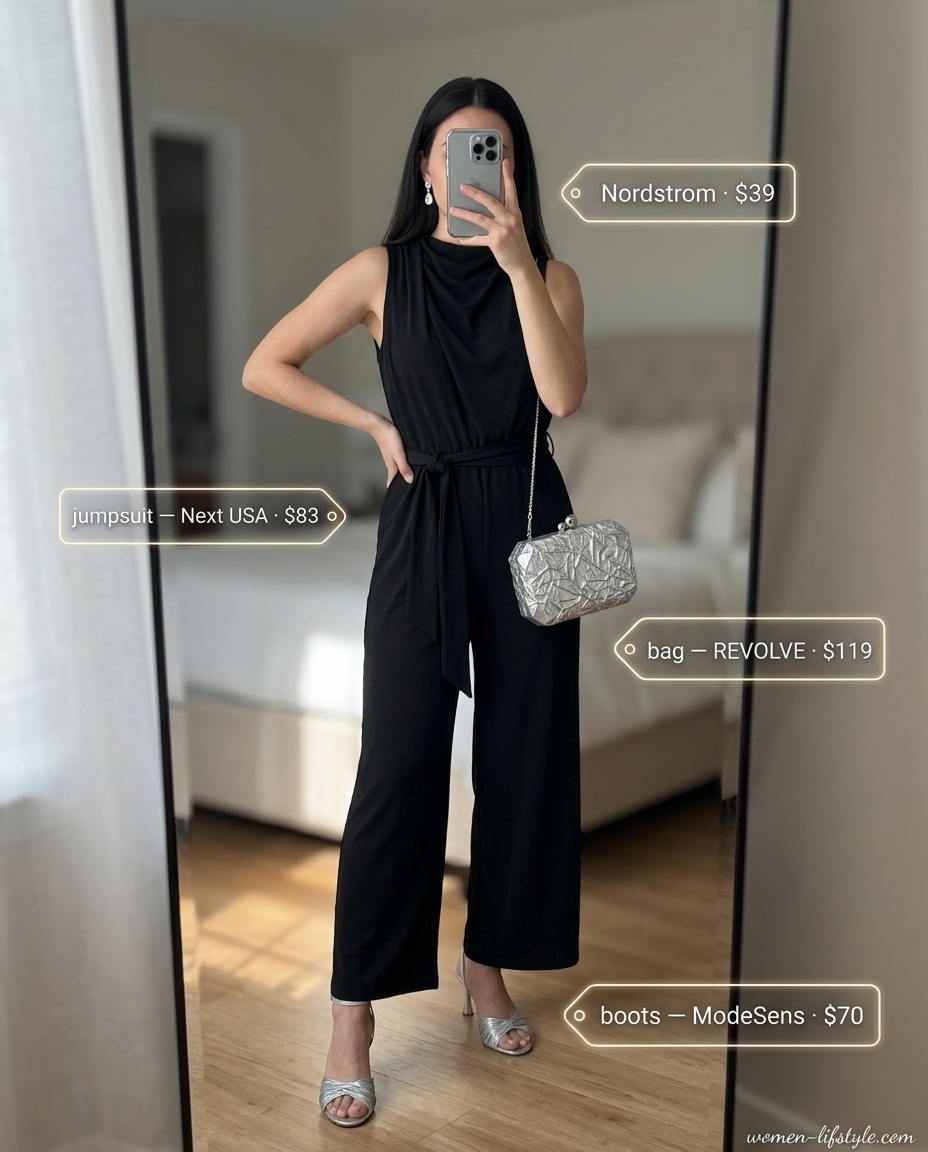 Elegant summer cowl neck outfits for women 2026: black jumpsuit, silver heels for evening events.