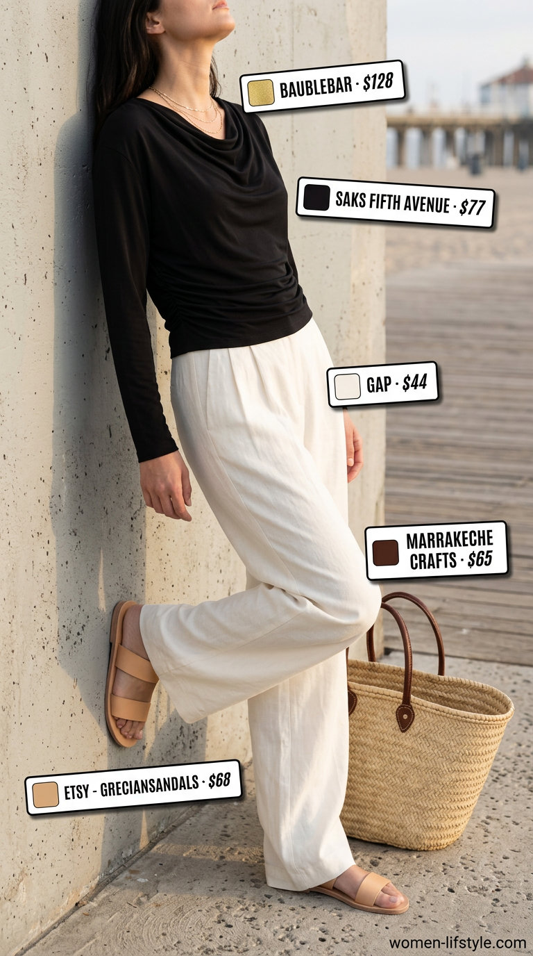 Relaxed summer cowl neck outfits for women 2026: Sky blue cowl top with white linen pants and straw tote.