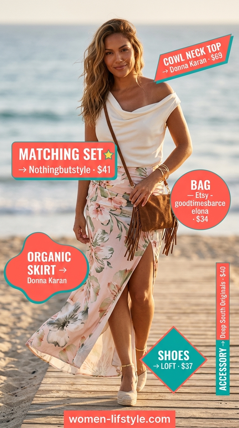 Boho chic summer cowl neck outfits for women 2026: Cream floral crop top & midi skirt set with espadrilles.