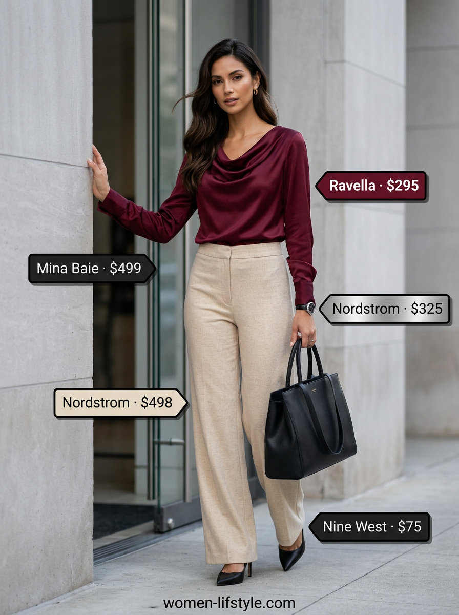 Sophisticated summer cowl neck outfits for women 2026: Burgundy cowl blouse with cream trousers and black pumps.