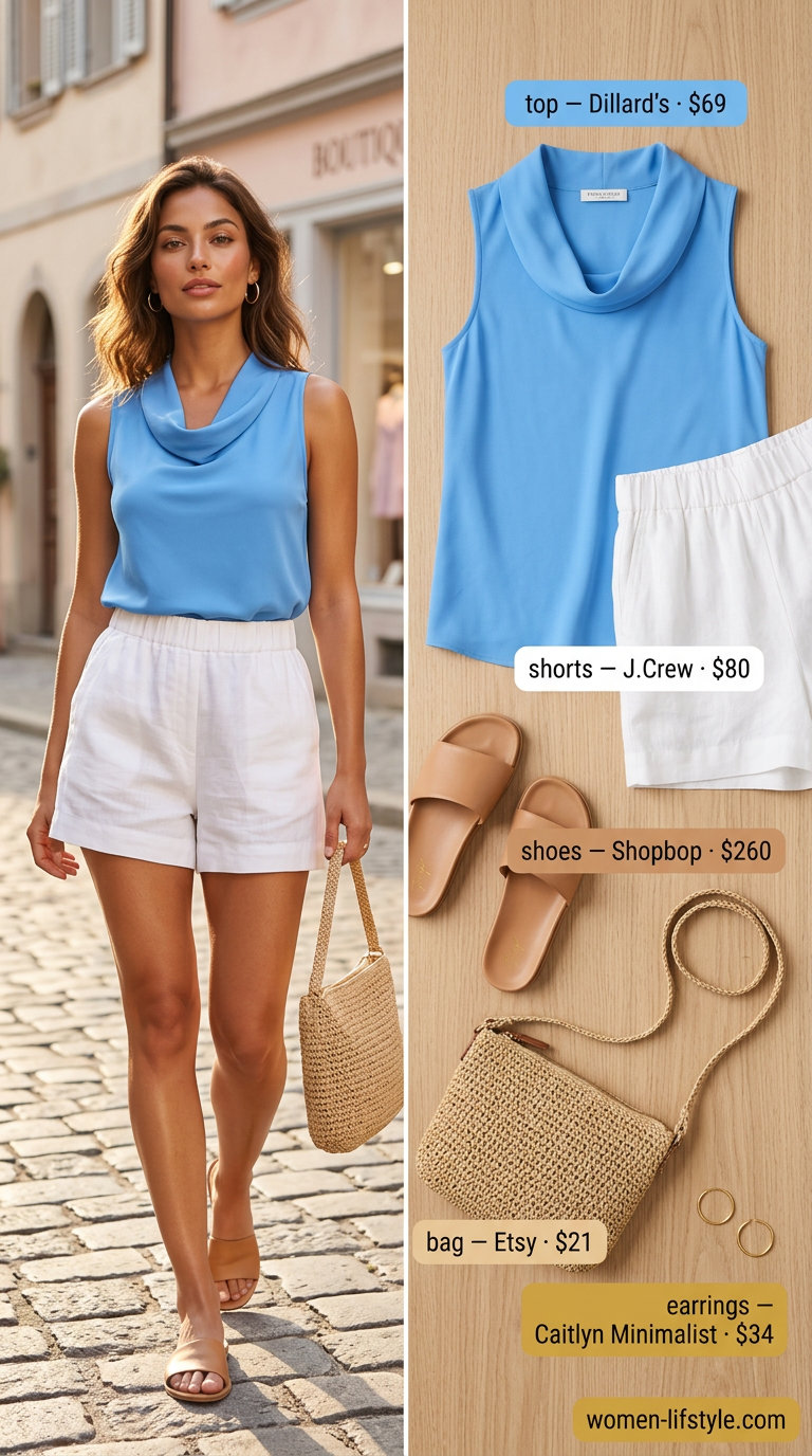 Chic summer cowl neck outfits for women 2026: sky blue satin top, linen shorts, straw bag for beach days.