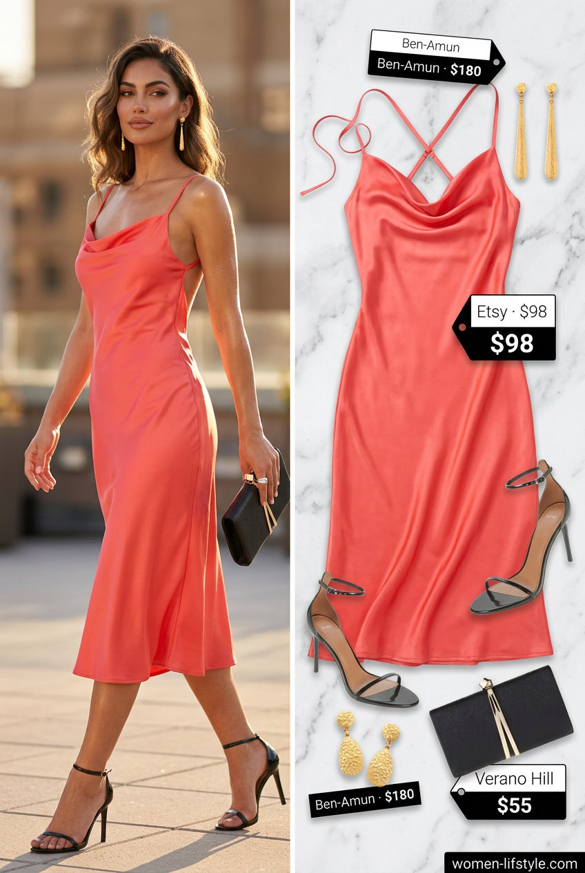 Vibrant summer cowl neck outfits for women 2026: coral satin slip dress, black heels for evening events.