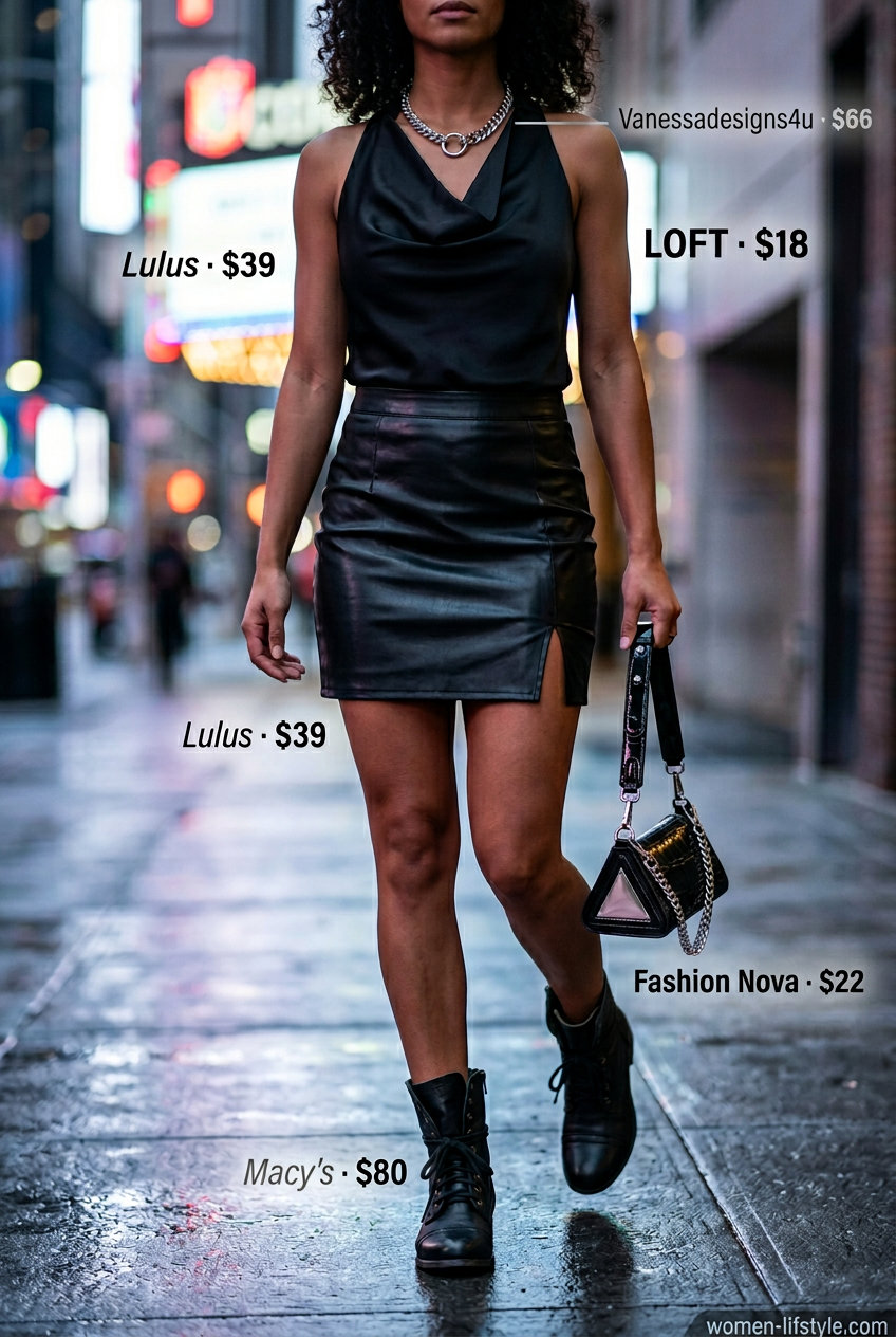 Edgy summer cowl neck outfits for women 2026: Black cowl camisole, mini skirt, combat boots, and silver chain.