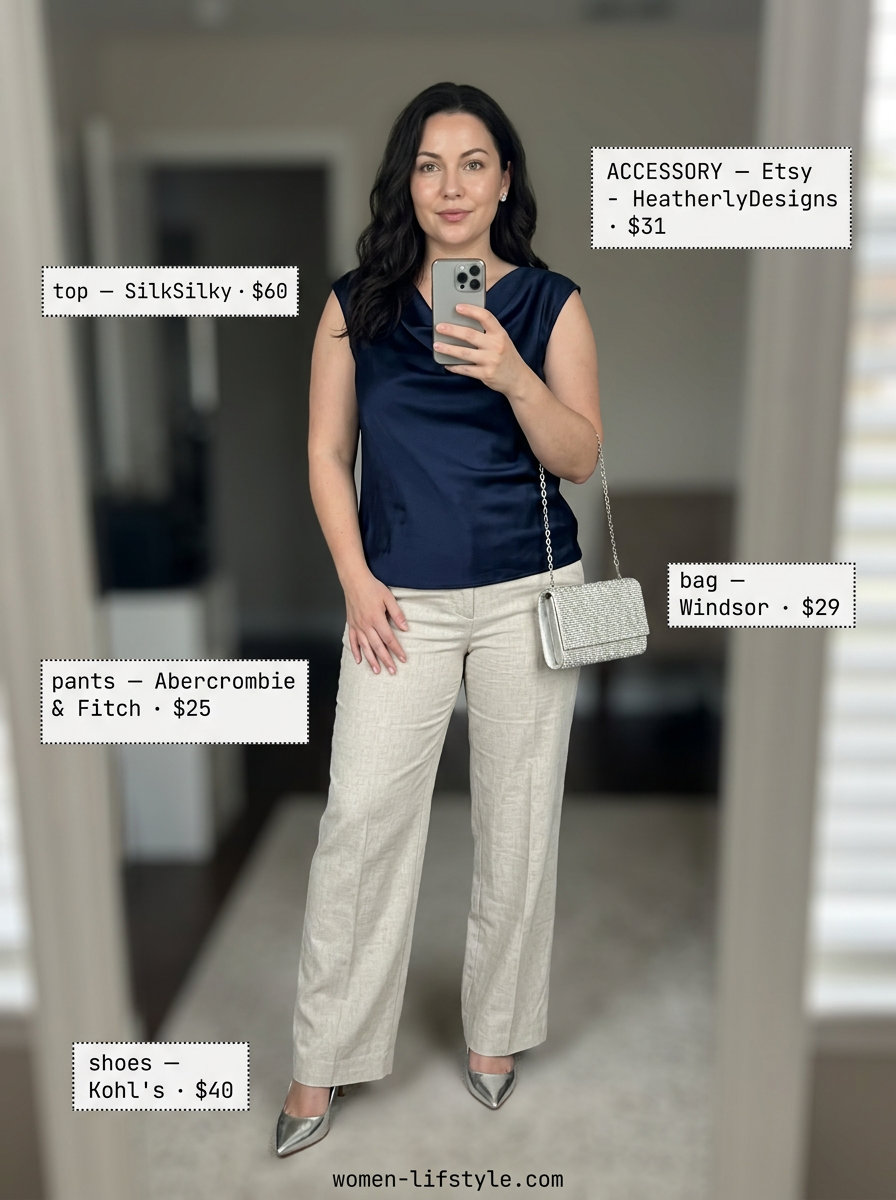 Elegant summer cowl neck outfits for women 2026: navy silk top, cream wide-leg pants for dinner.