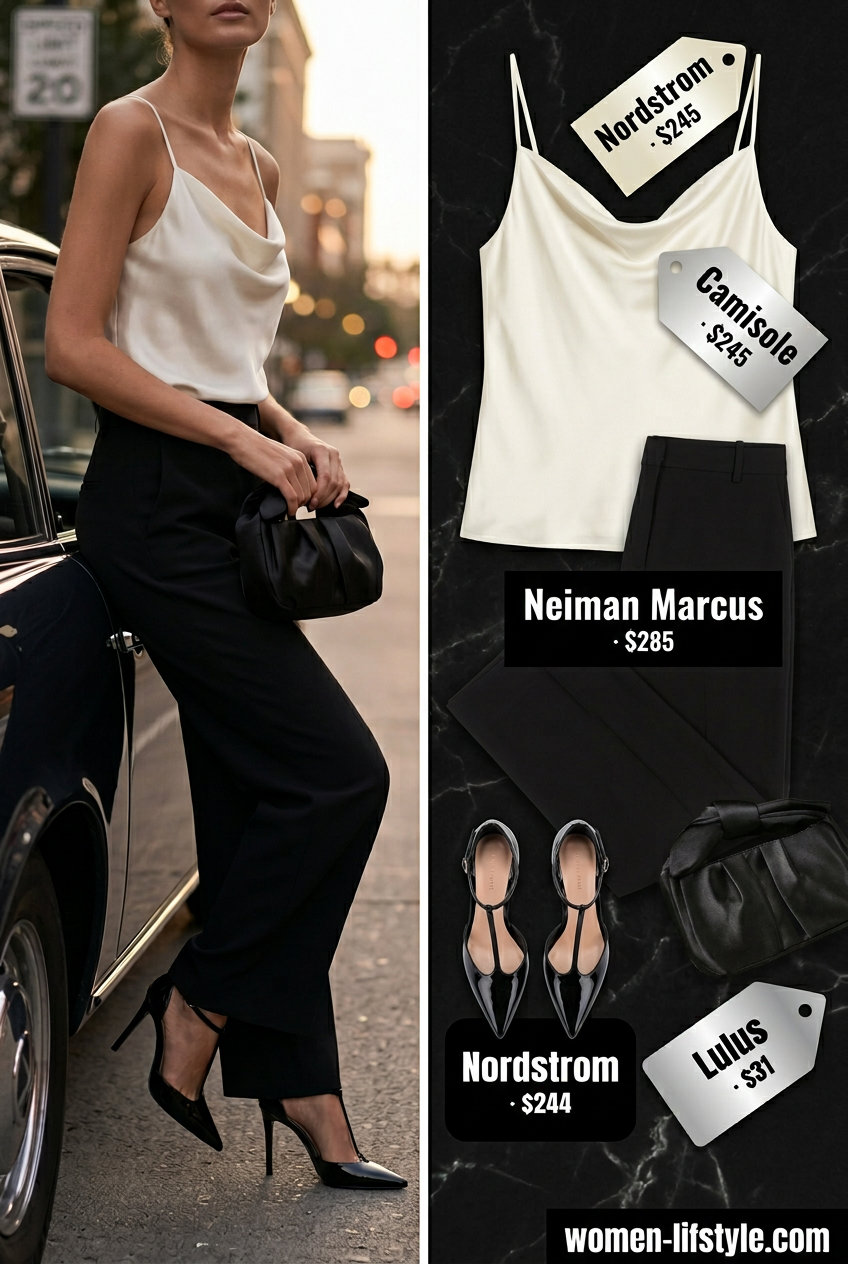 Elegant ivory cowl neck camisole with black tailored trousers for a formal evening 2026.