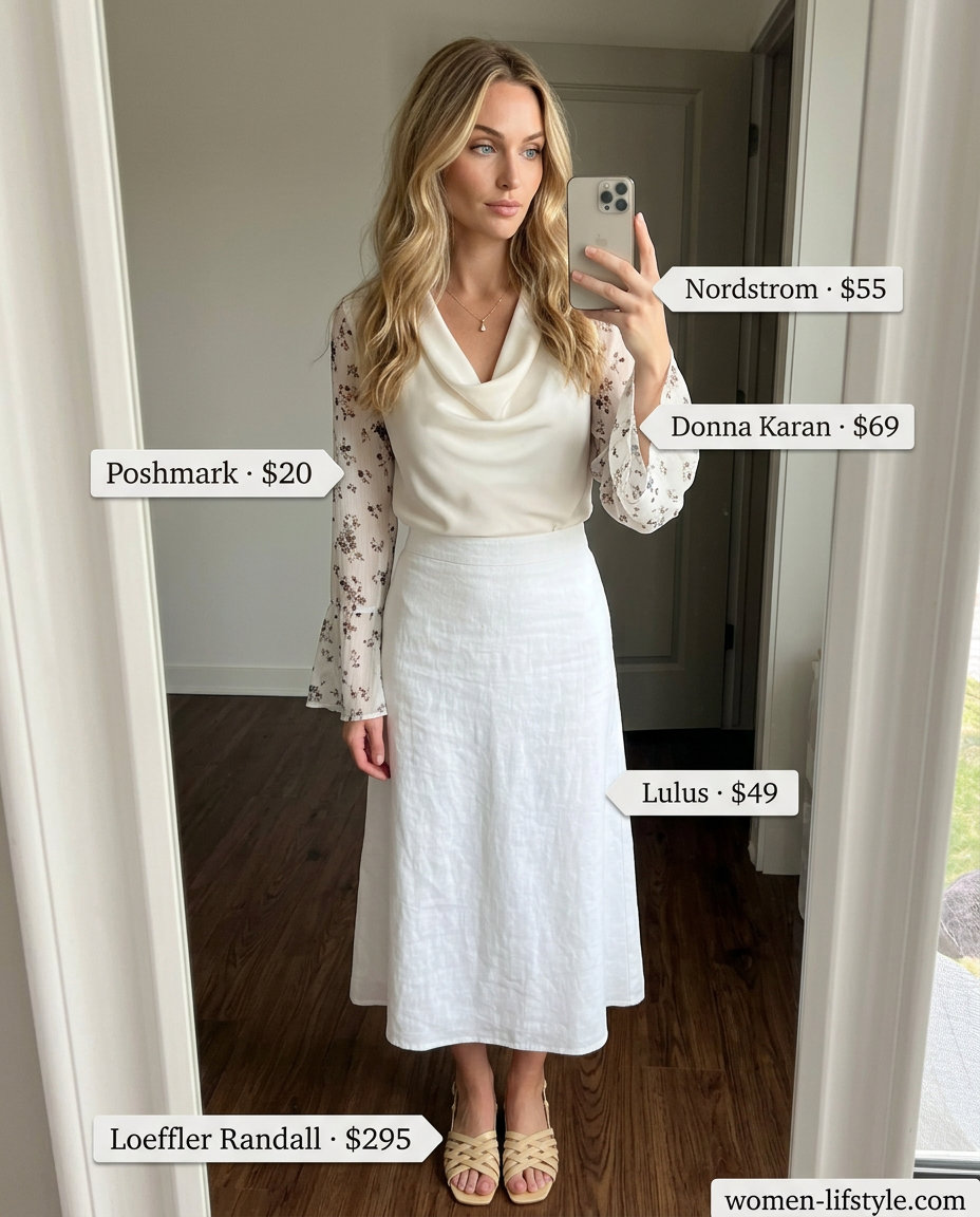 Playful floral cowl neck blouse with A-line midi skirt for a lunch date 2026.