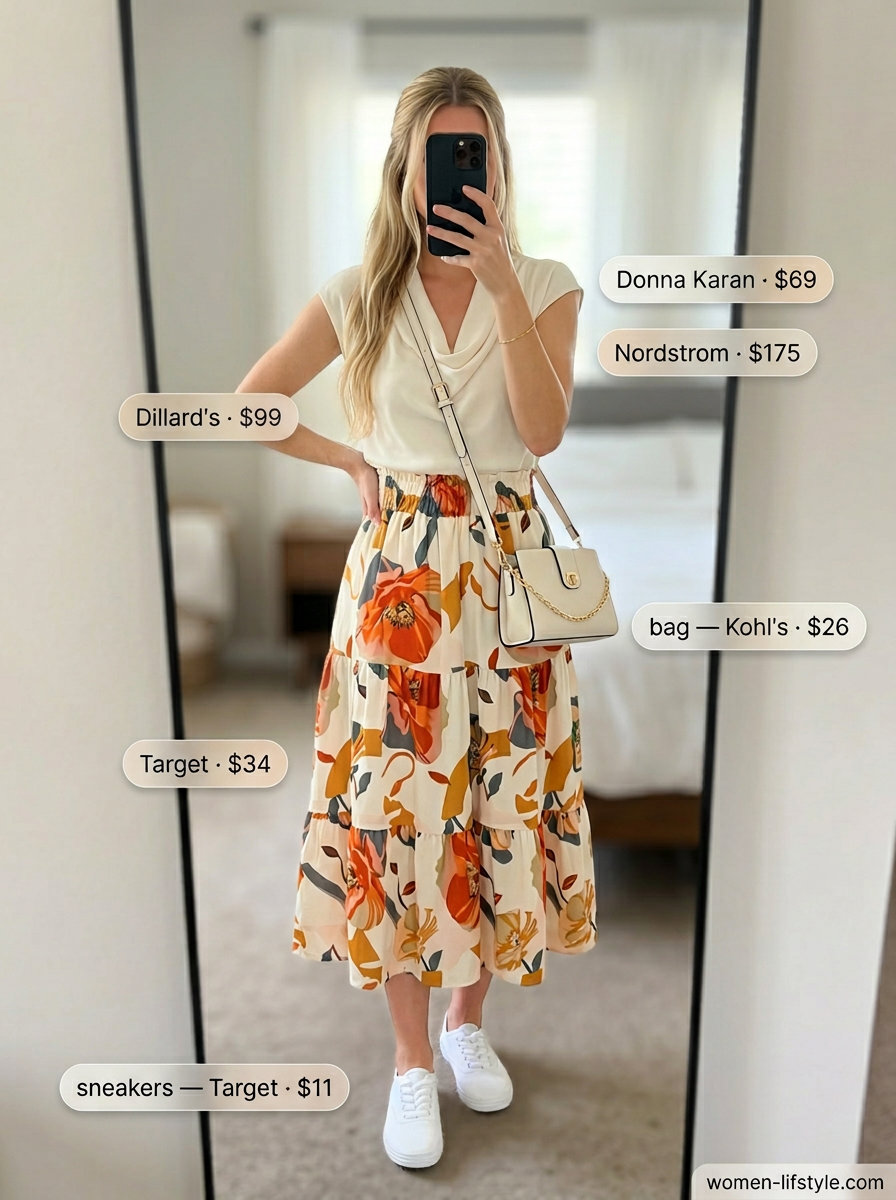 Feminine floral midi skirt with cream cowl neck camisole top for a park picnic 2026.