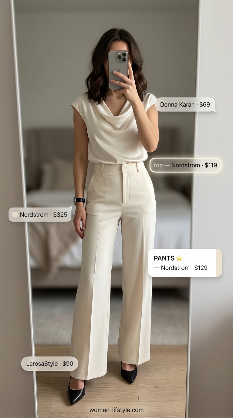 Polished summer cowl neck outfits for women 2026: Cream cowl blouse with beige wide-leg trousers and black pumps.