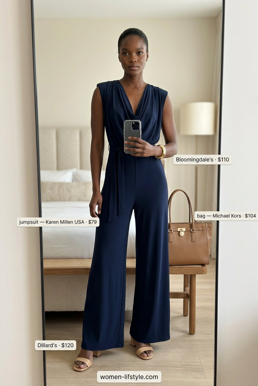Chic navy wide-leg jumpsuit with cowl neckline for travel or evening out 2026.
