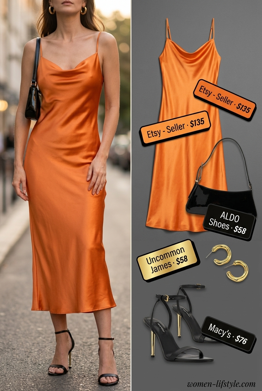 Glamorous summer cowl neck outfits for women 2026: Mango orange satin midi dress with black heels and gold hoops.