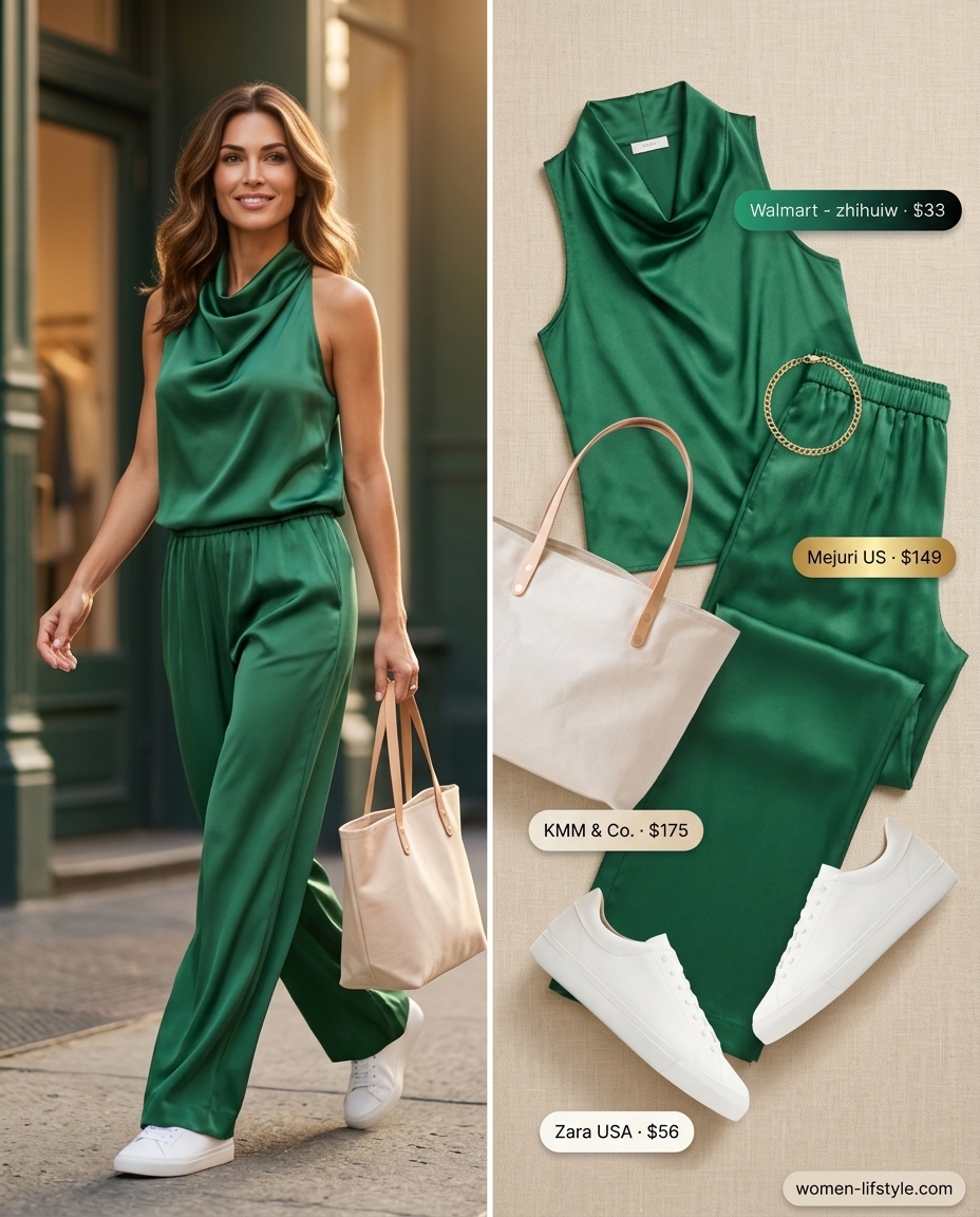 Chic olive green cowl neck tank top and wide-leg pants set for weekend wear 2026.