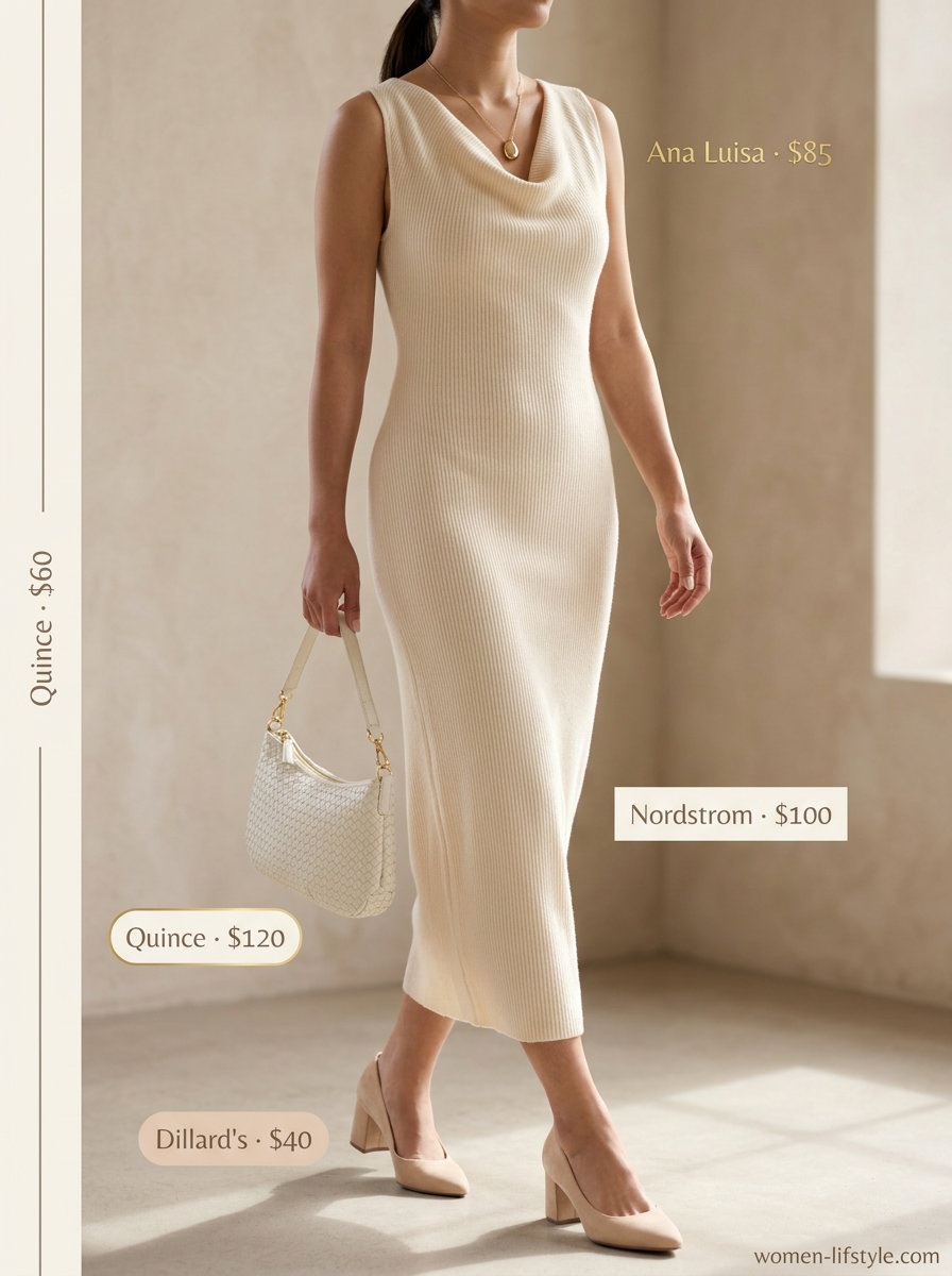 Sophisticated beige cowl neck midi dress with nude block heels for a daytime event 2026.
