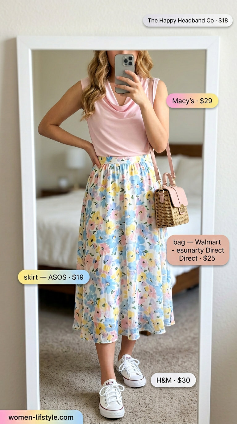 Pastel pink cowl neck top with floral midi skirt, white sneakers for a summer picnic outfit 2026.